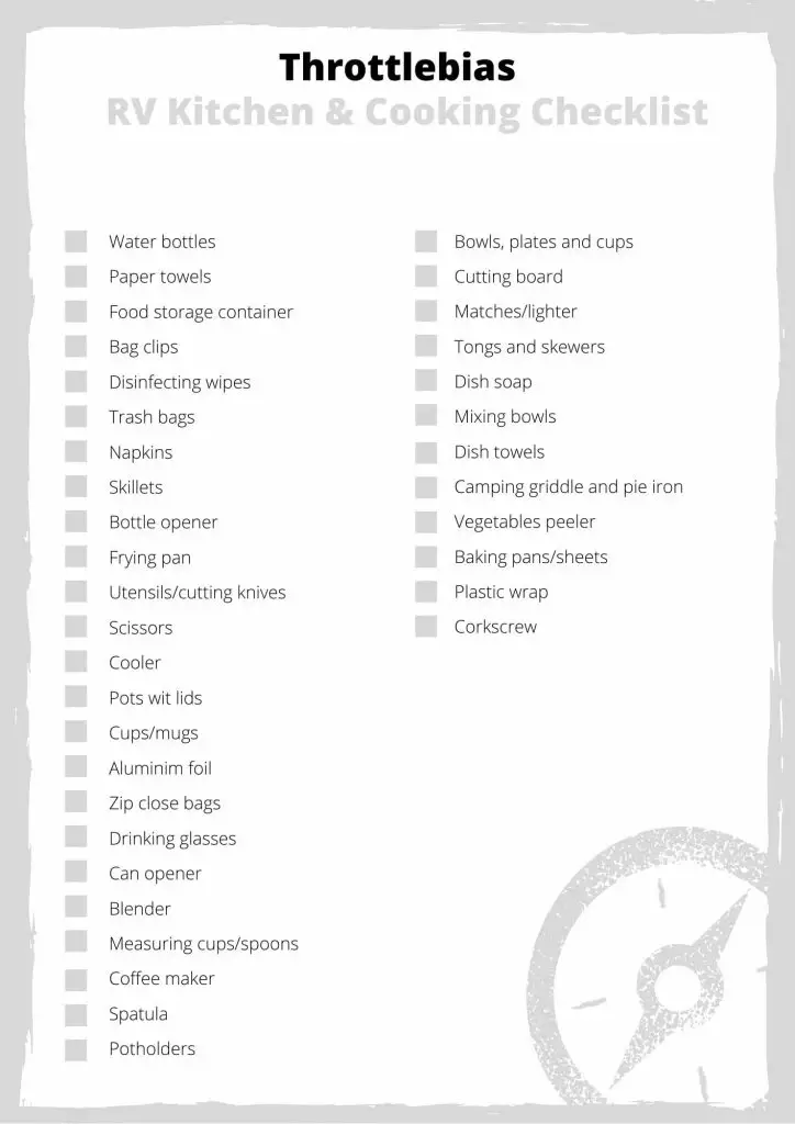 Camper checklist for kitchen & cooking items