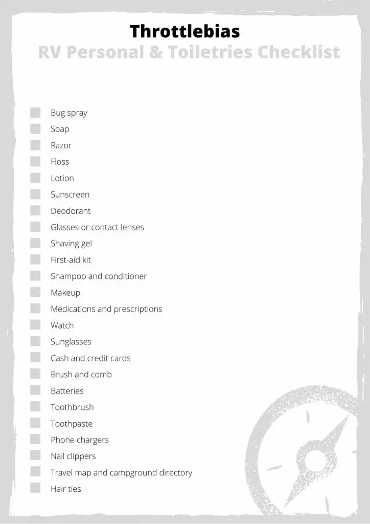 Camper checklist for personal & toiletries items