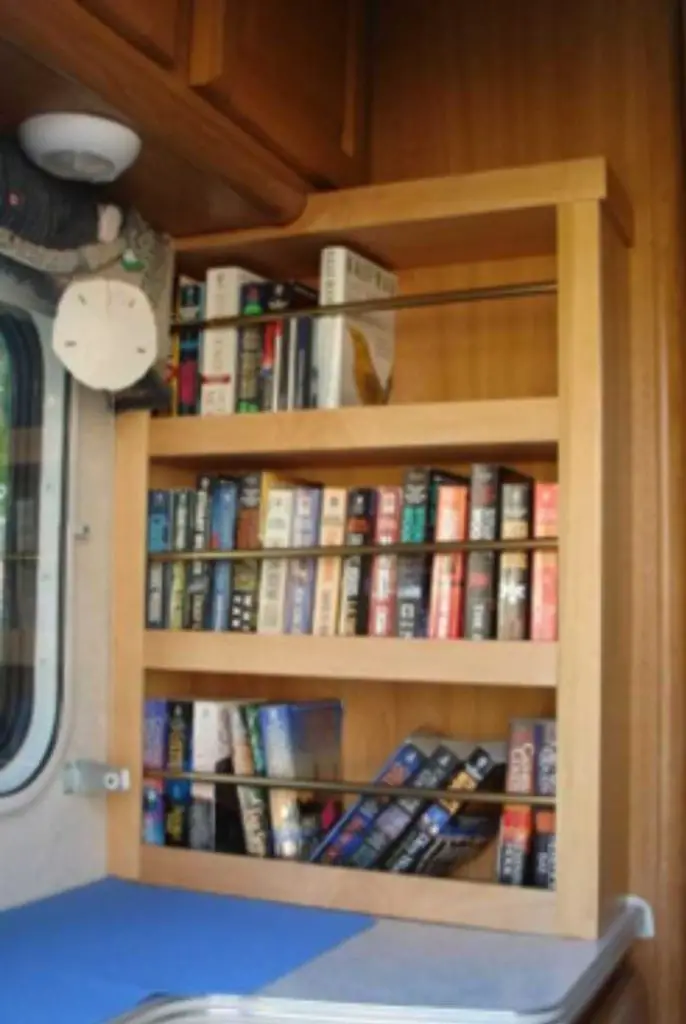 Bookshelf inside campervan